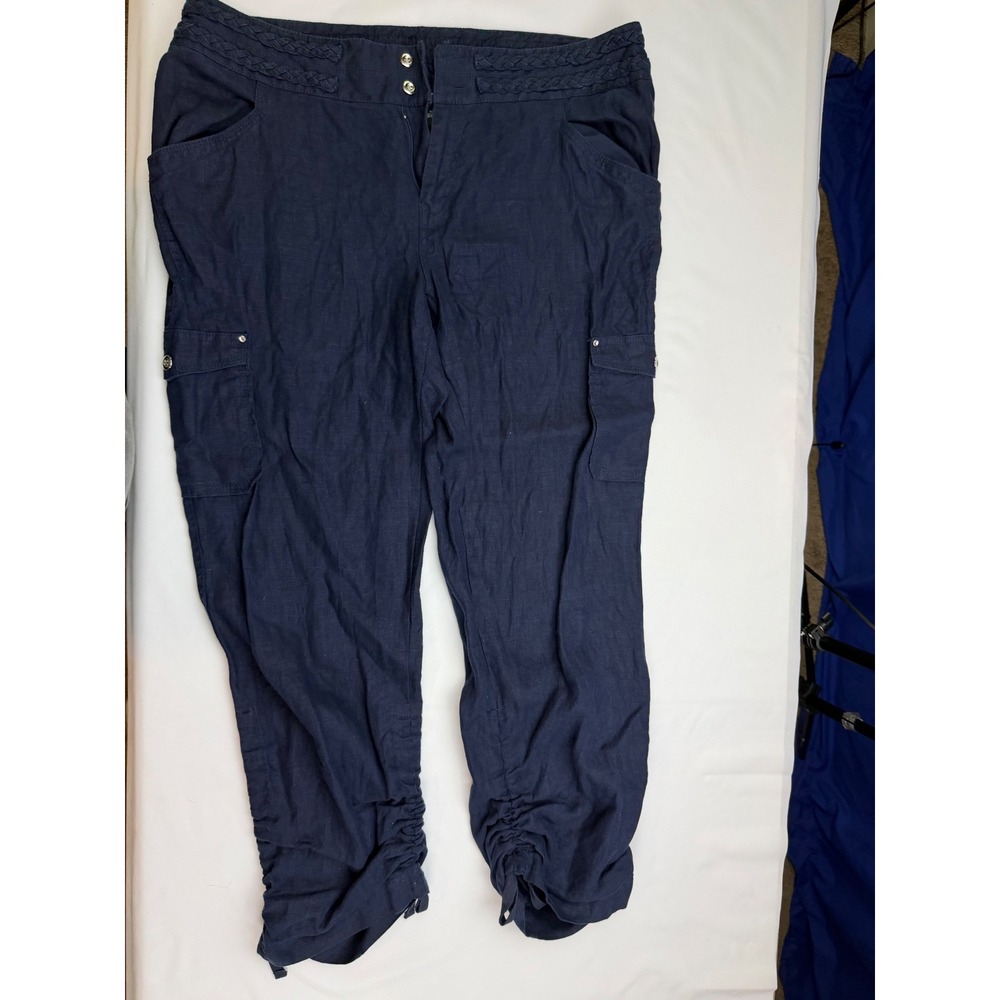 INC International Concepts Navy Blue 100% Linen Cargo Pants Braided Waist 16
